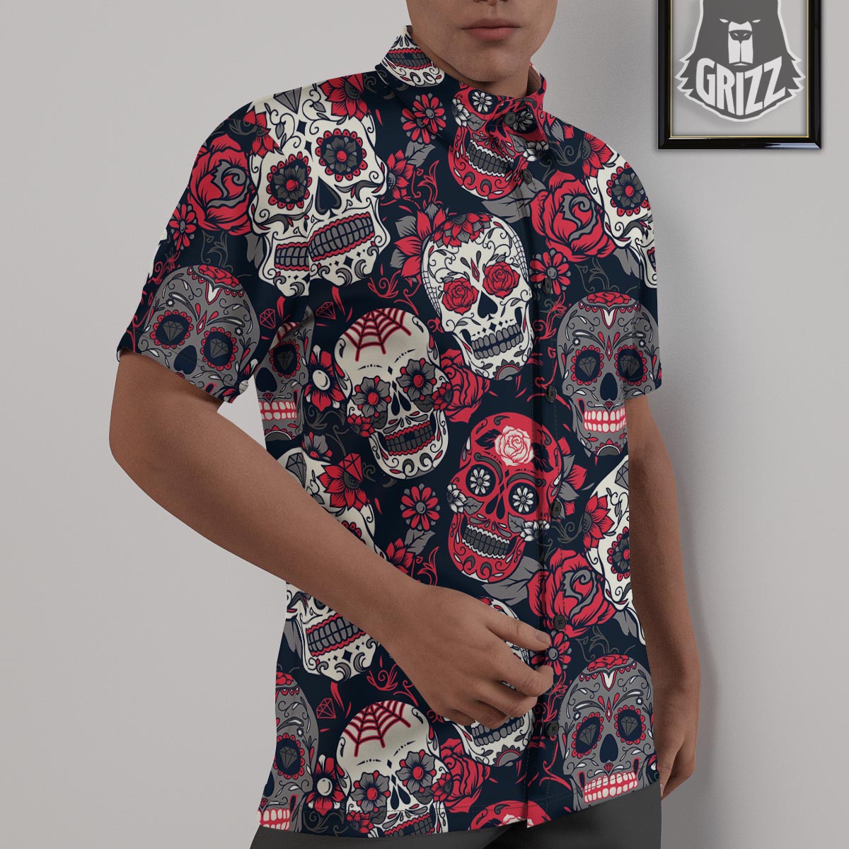Skull Flower Red Sugar Print Pattern Untucked Shirts-grizzshop