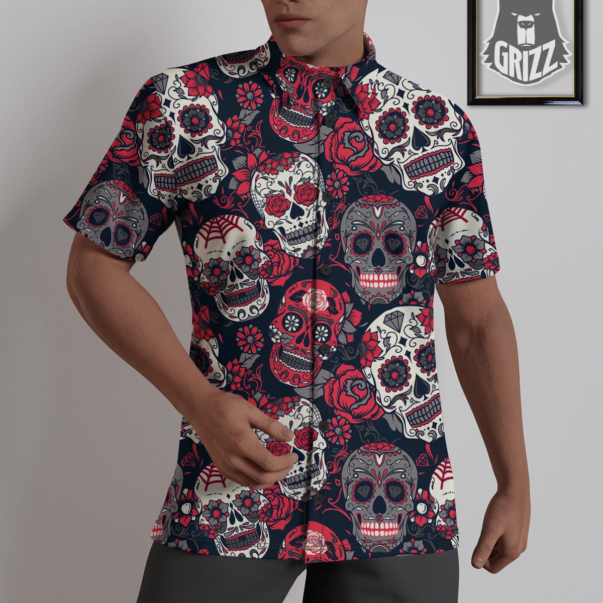 Skull Flower Red Sugar Print Pattern Untucked Shirts-grizzshop