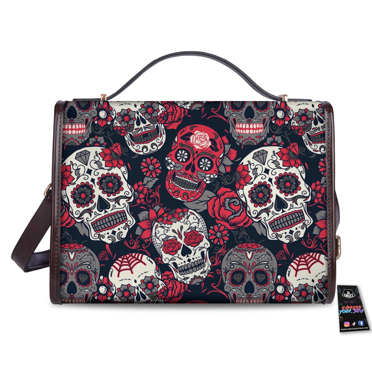 Skull Flower Red Sugar Print Pattern Women's Satchel Bag-grizzshop