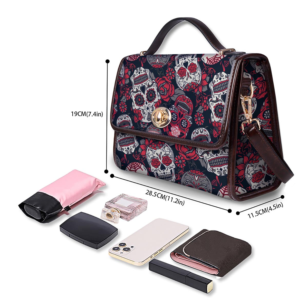 Skull Flower Red Sugar Print Pattern Women's Satchel Bag-grizzshop