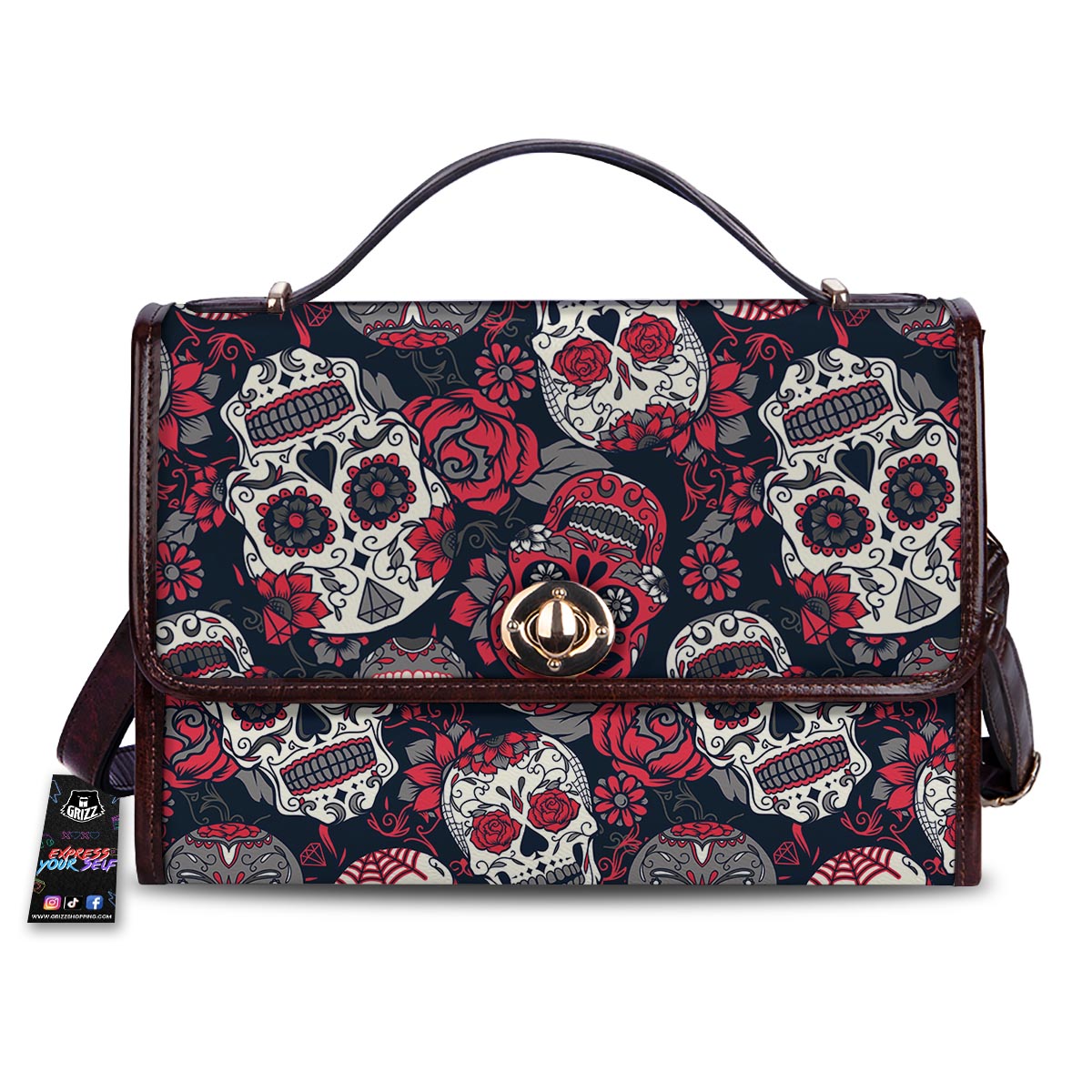 Skull Flower Red Sugar Print Pattern Women's Satchel Bag-grizzshop