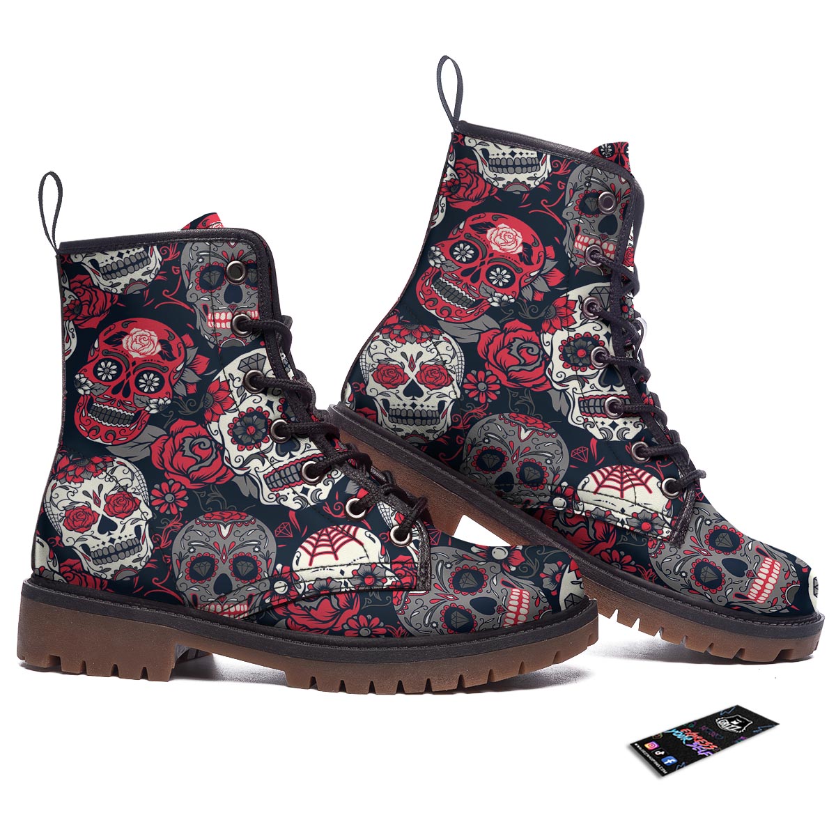 Skull Flower Red Sugar Print Pattern Work Boots-grizzshop