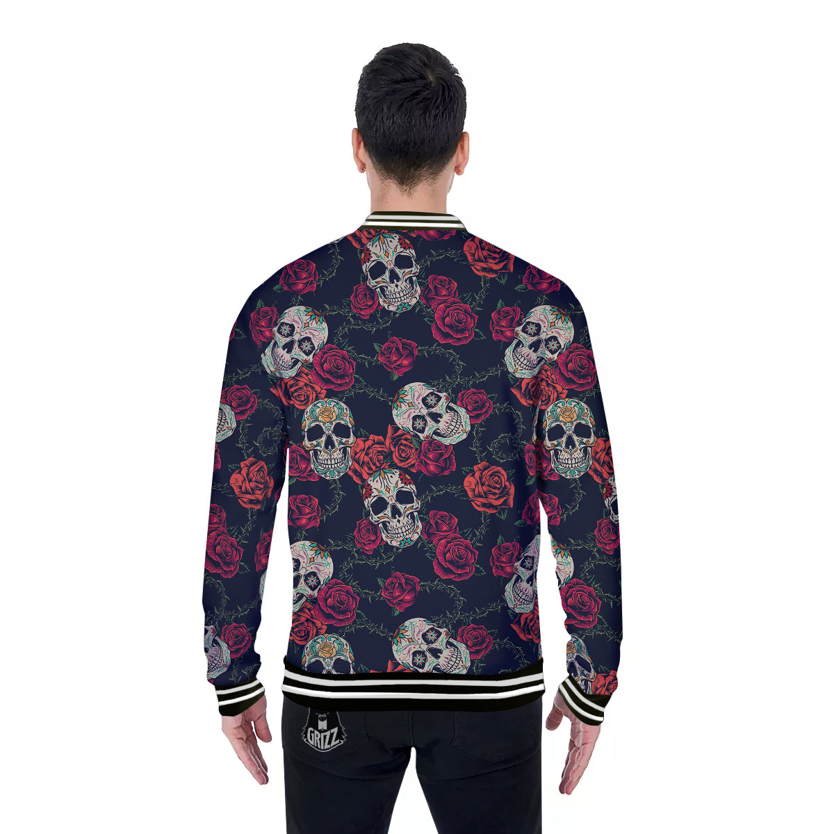 Skull Flowers Vintage Print Pattern Baseball Jacket-grizzshop
