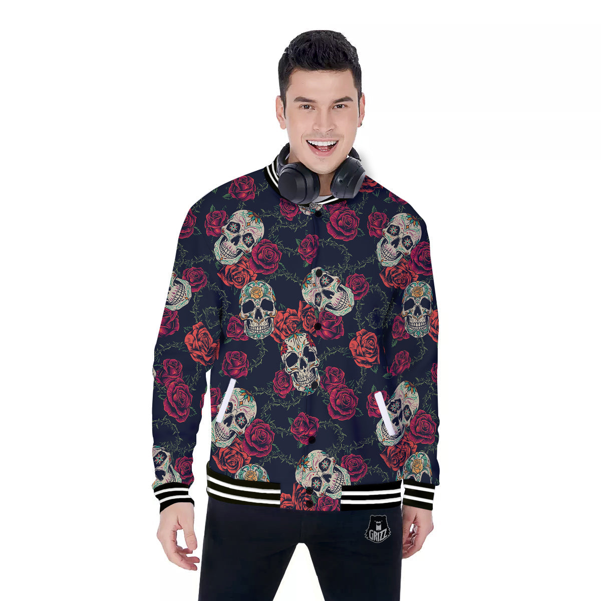 Skull Flowers Vintage Print Pattern Baseball Jacket-grizzshop