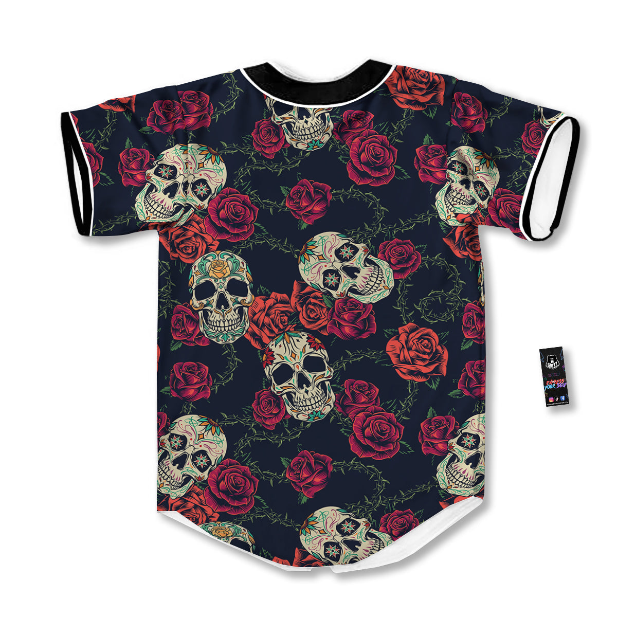 Skull Flowers Vintage Print Pattern Baseball Jersey-grizzshop