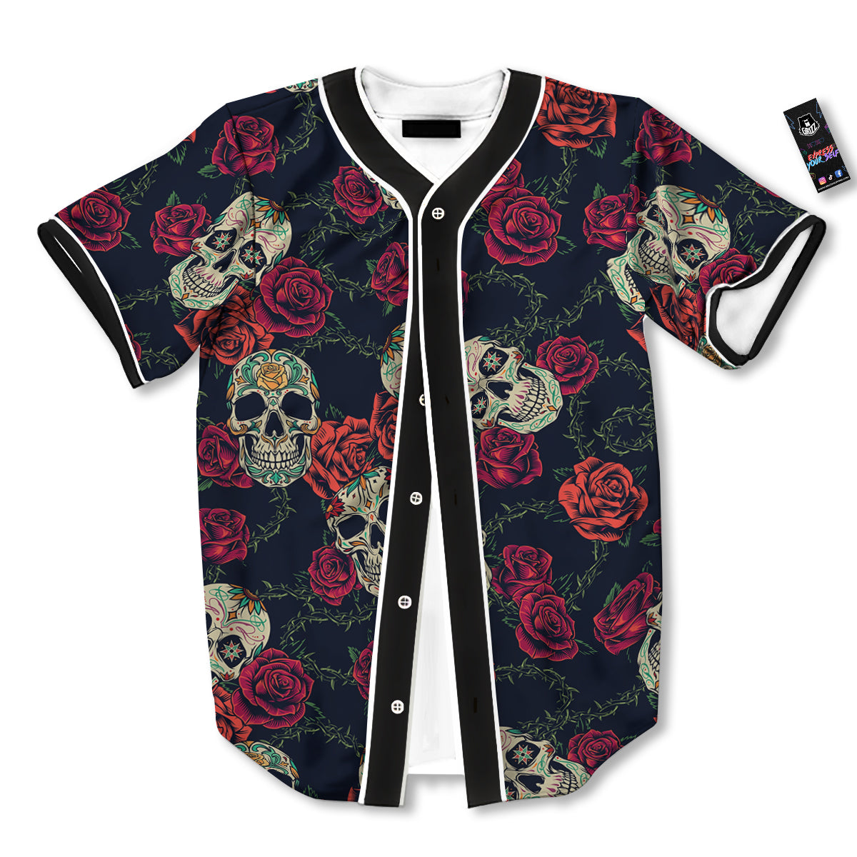 Skull Flowers Vintage Print Pattern Baseball Jersey-grizzshop