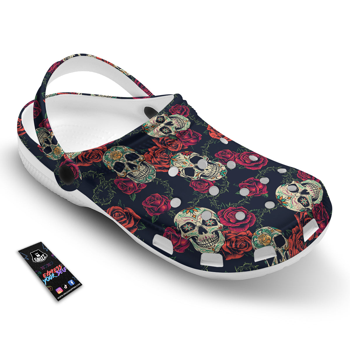 Skull Flowers Vintage Print Pattern Clog-grizzshop
