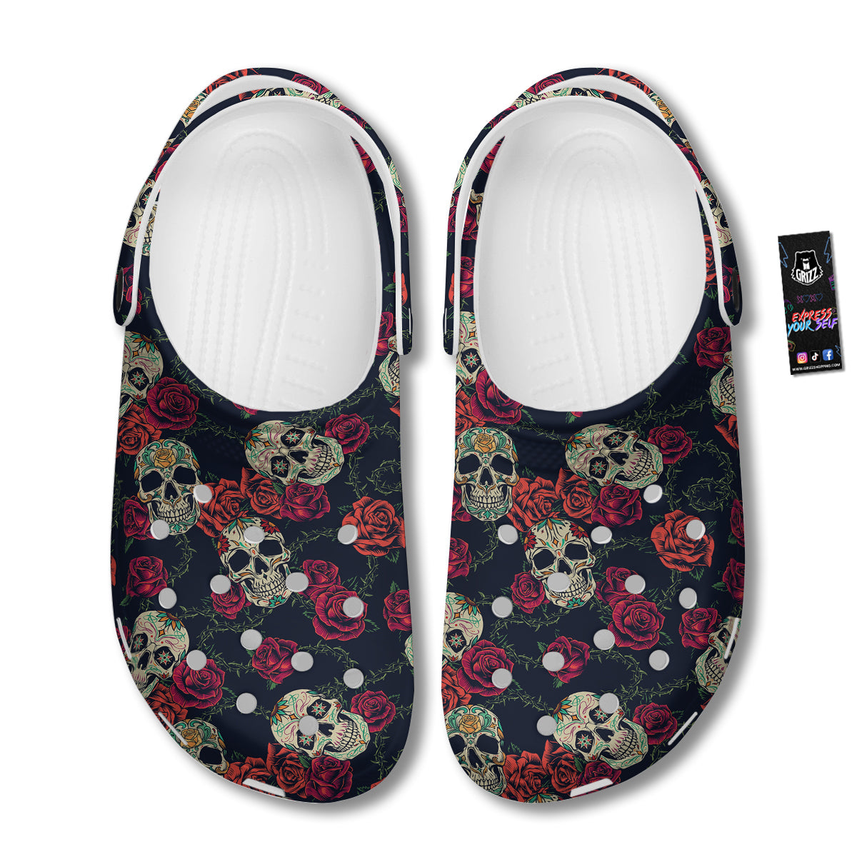 Skull Flowers Vintage Print Pattern Clog-grizzshop