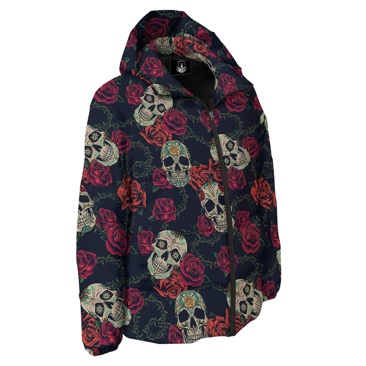 Skull Flowers Vintage Print Pattern Down Jacket-grizzshop