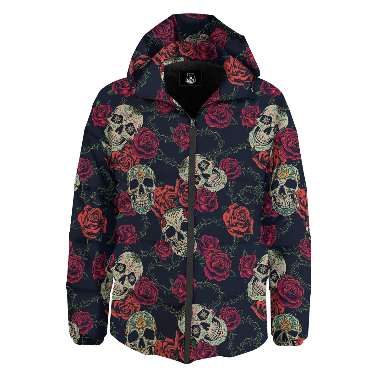 Skull Flowers Vintage Print Pattern Down Jacket-grizzshop
