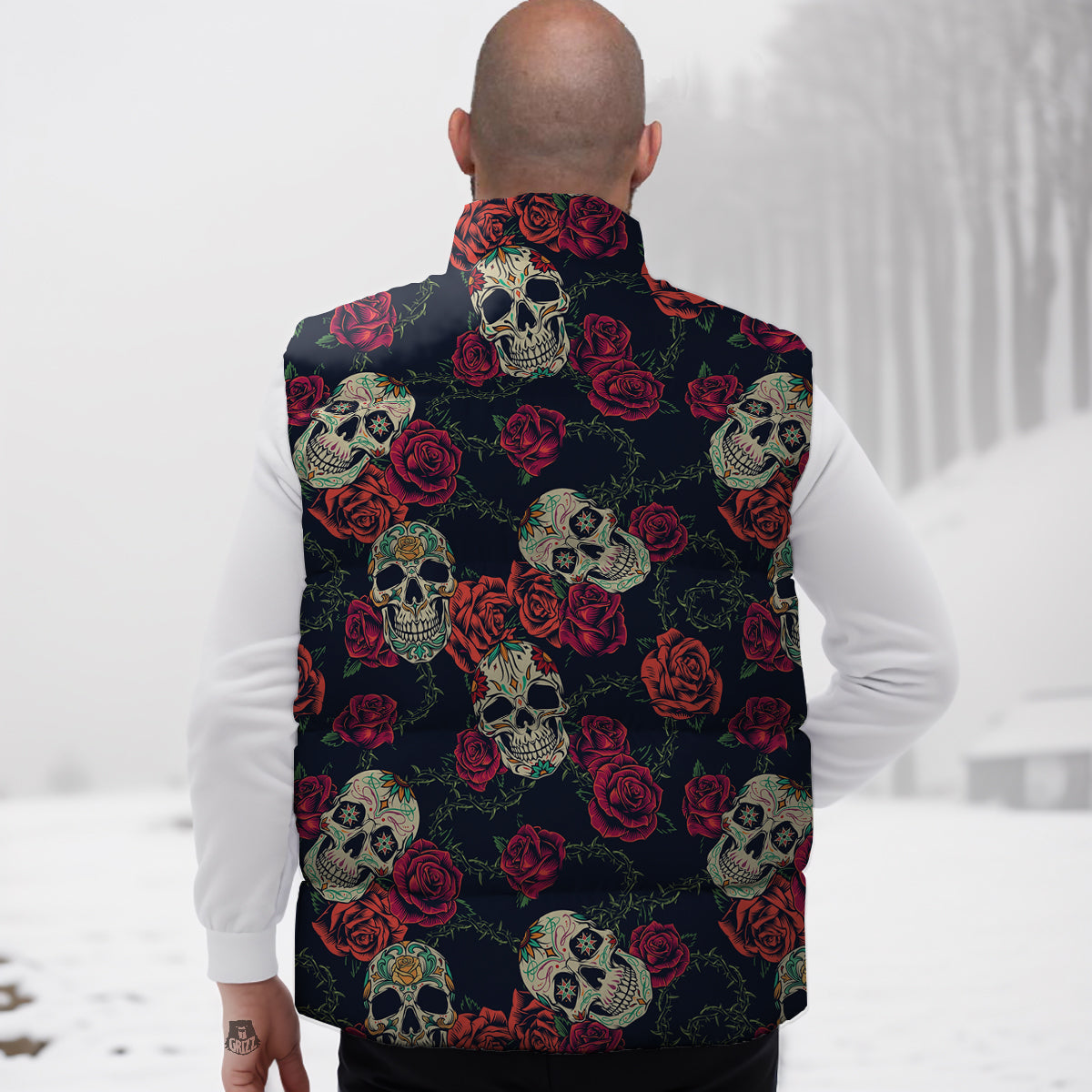 Skull Flowers Vintage Print Pattern Down Vest-grizzshop