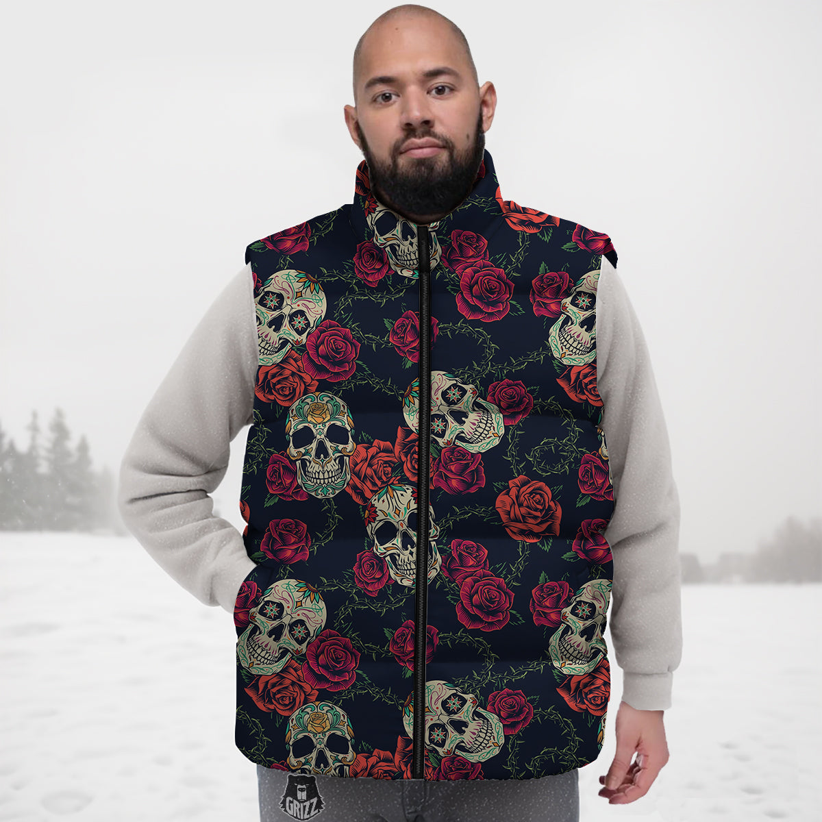 Skull Flowers Vintage Print Pattern Down Vest-grizzshop