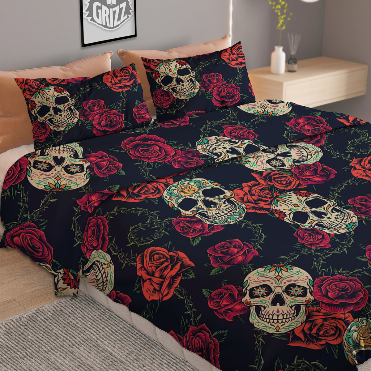 Skull Flowers Vintage Print Pattern Duvet Cover Bedding Set