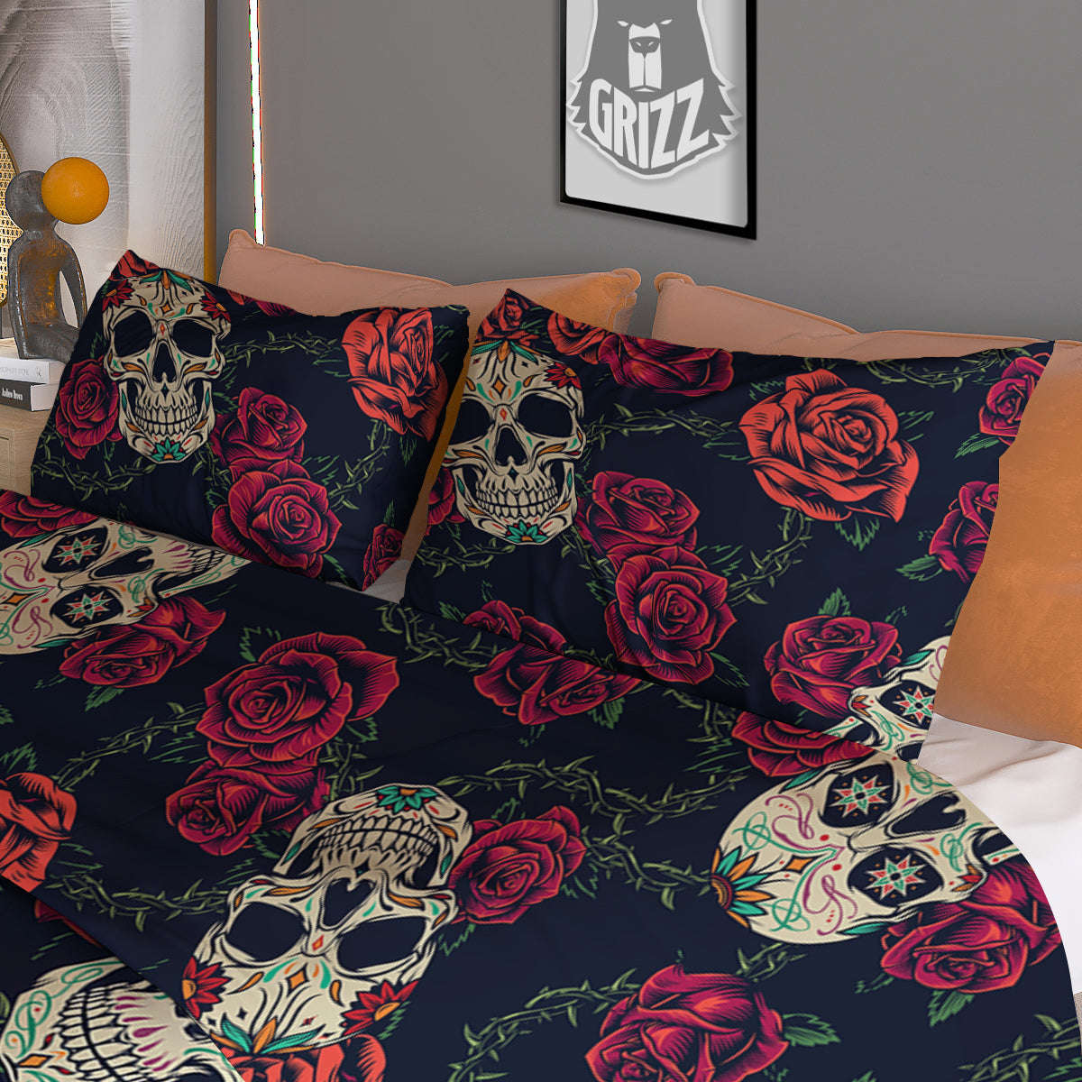 Skull Flowers Vintage Print Pattern Duvet Cover Bedding Set