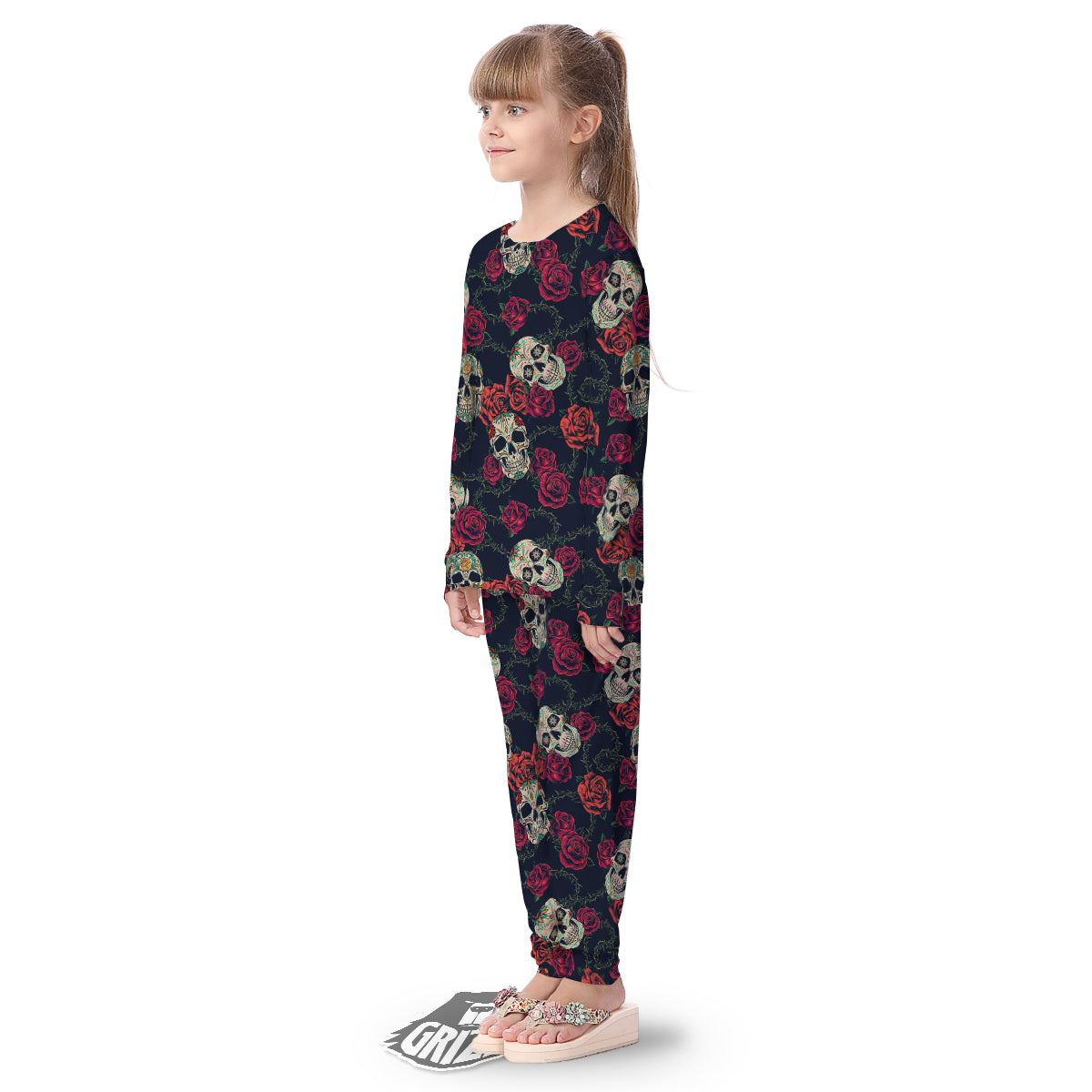 Skull Flowers Vintage Print Pattern Kid's Pajamas-grizzshop