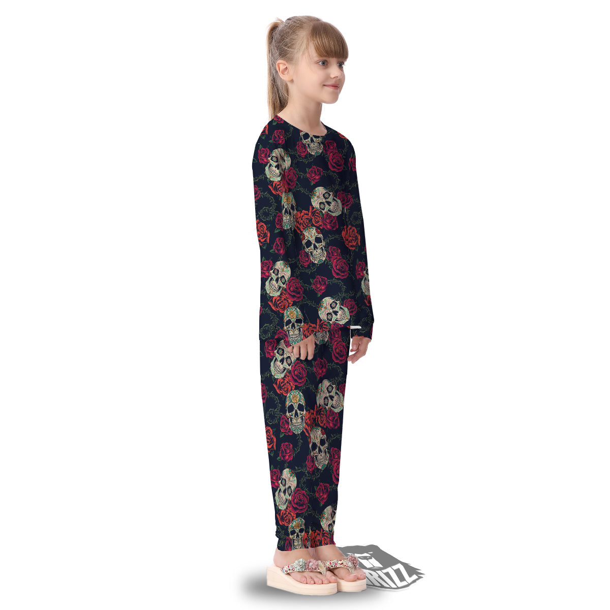 Skull Flowers Vintage Print Pattern Kid's Pajamas-grizzshop