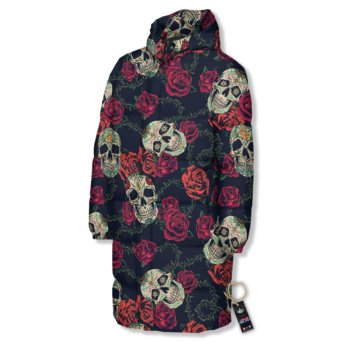 Skull Flowers Vintage Print Pattern Long Down Jacket-grizzshop