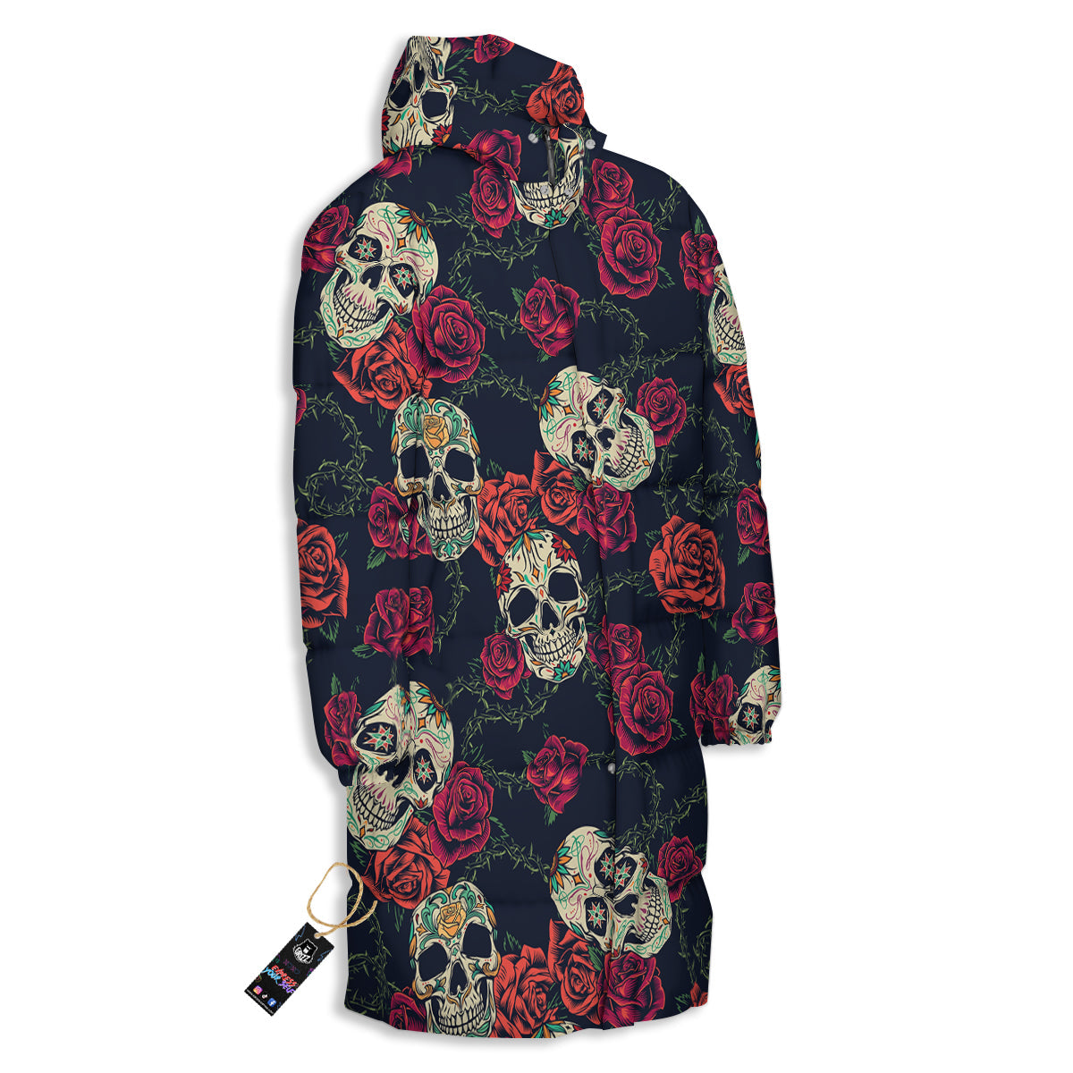 Skull Flowers Vintage Print Pattern Long Down Jacket-grizzshop