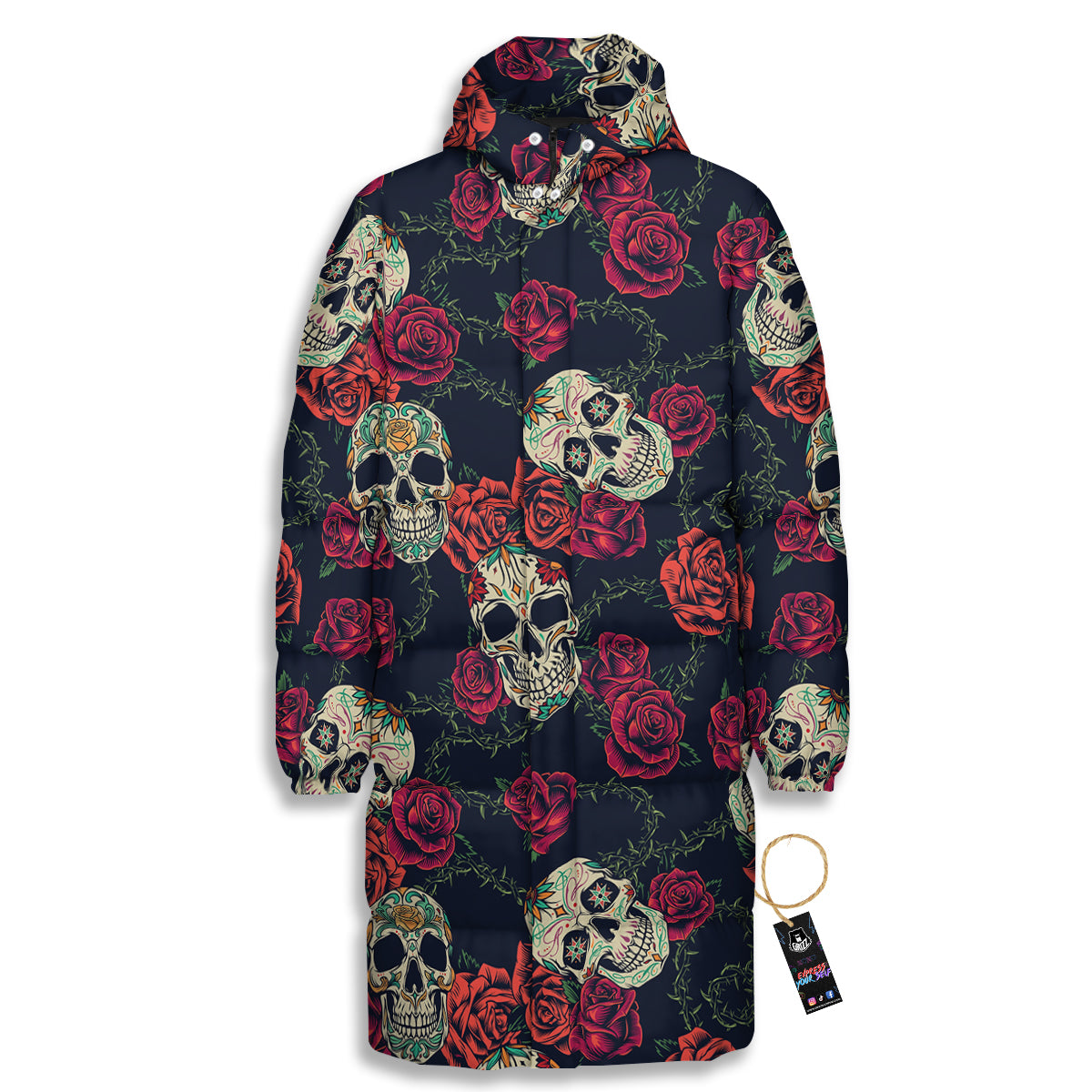Skull Flowers Vintage Print Pattern Long Down Jacket-grizzshop