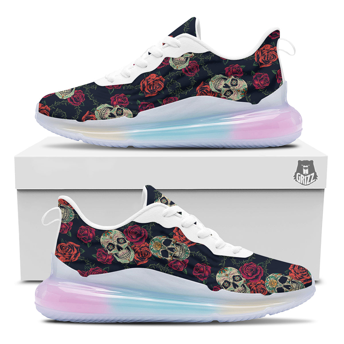 Skull Flowers Vintage Print Pattern Running Sneakers-grizzshop