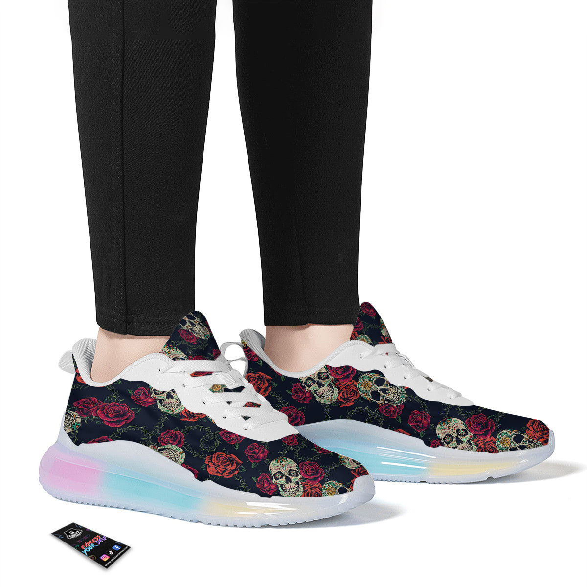 Skull Flowers Vintage Print Pattern Running Sneakers-grizzshop