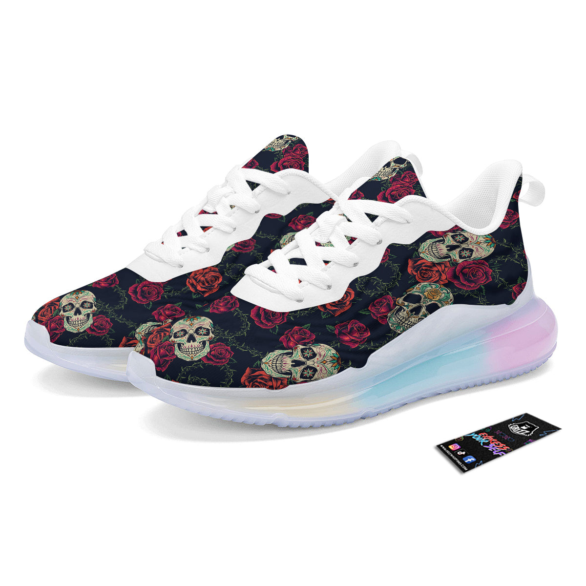 Skull Flowers Vintage Print Pattern Running Sneakers-grizzshop