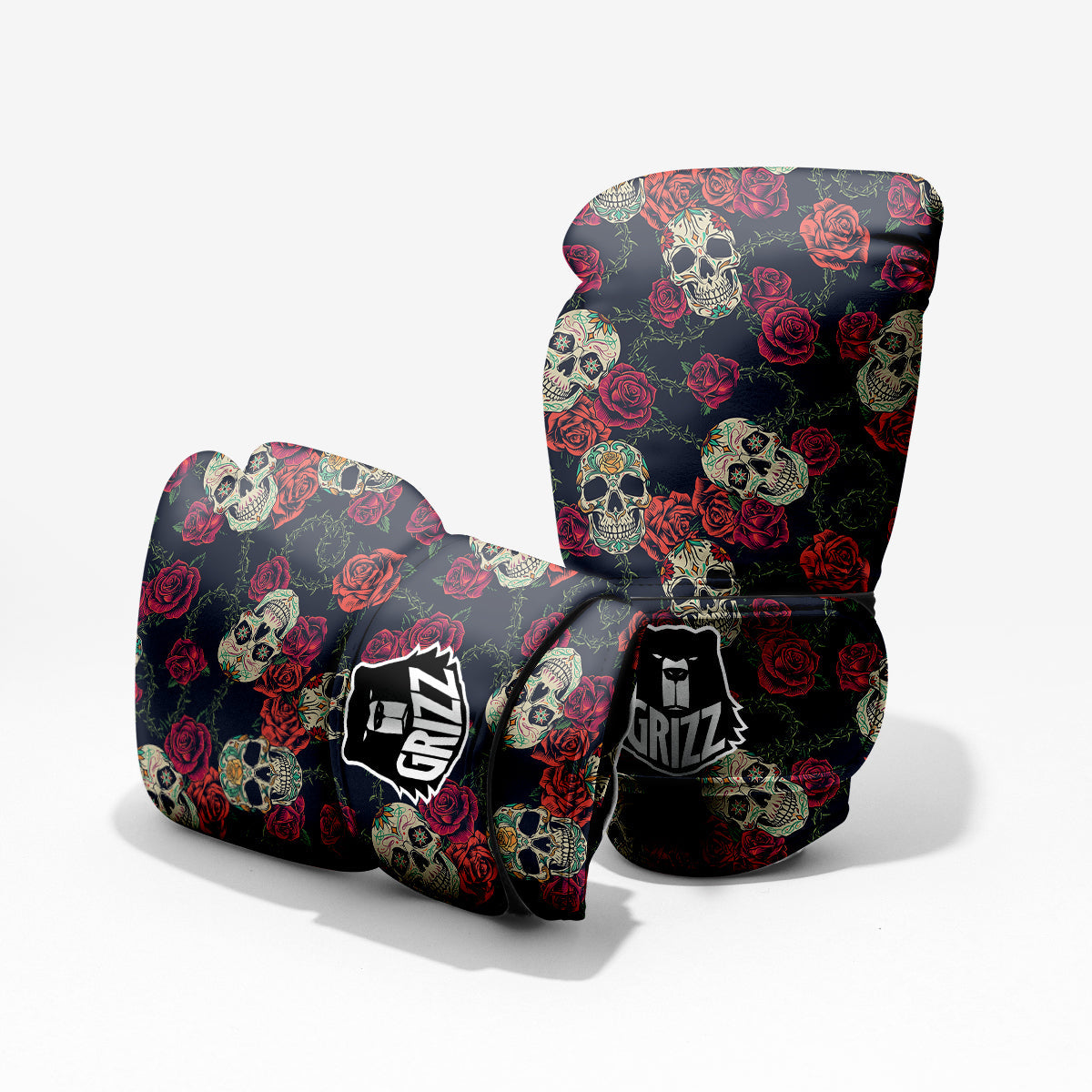 Skull Flowers Vintage Print Pattern Sparring Gloves-grizzshop