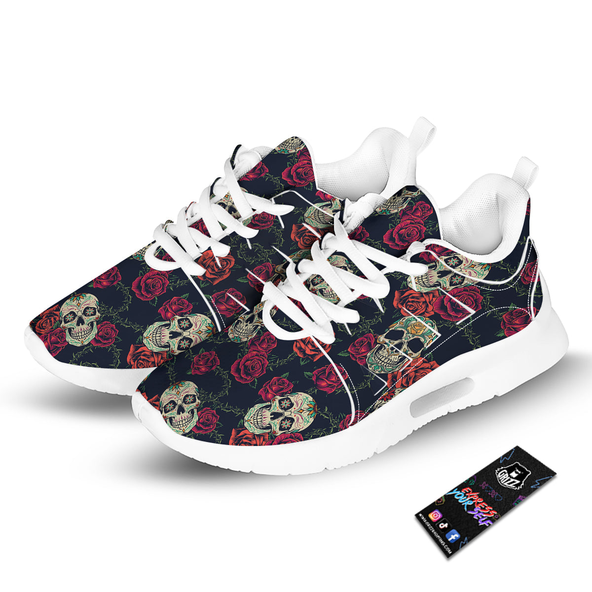 Skull Flowers Vintage Print Pattern Tennis Shoes-grizzshop