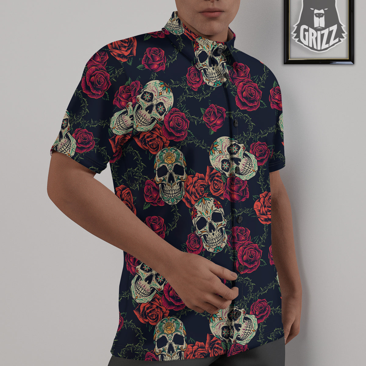 Skull Flowers Vintage Print Pattern Untucked Shirts-grizzshop