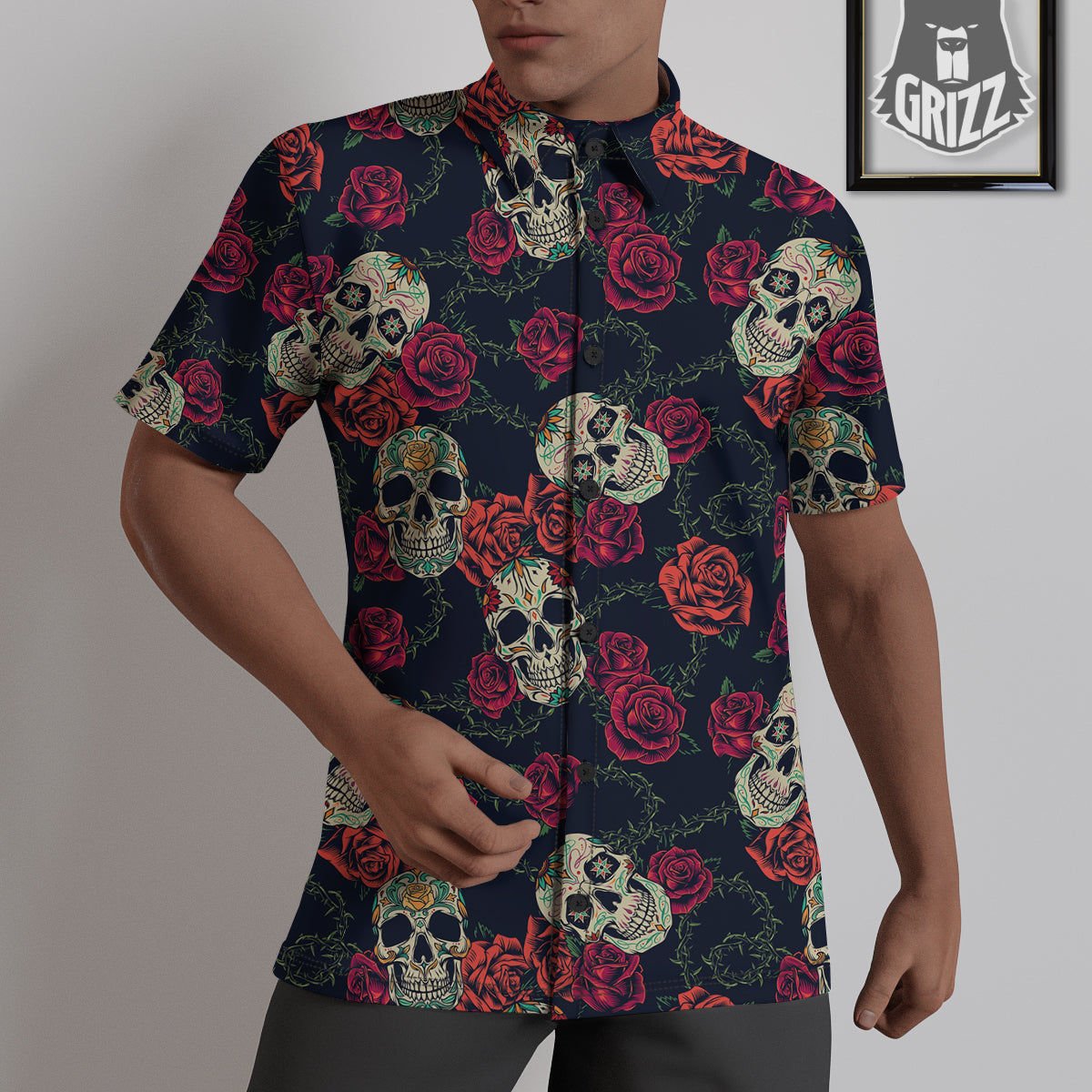 Skull Flowers Vintage Print Pattern Untucked Shirts-grizzshop