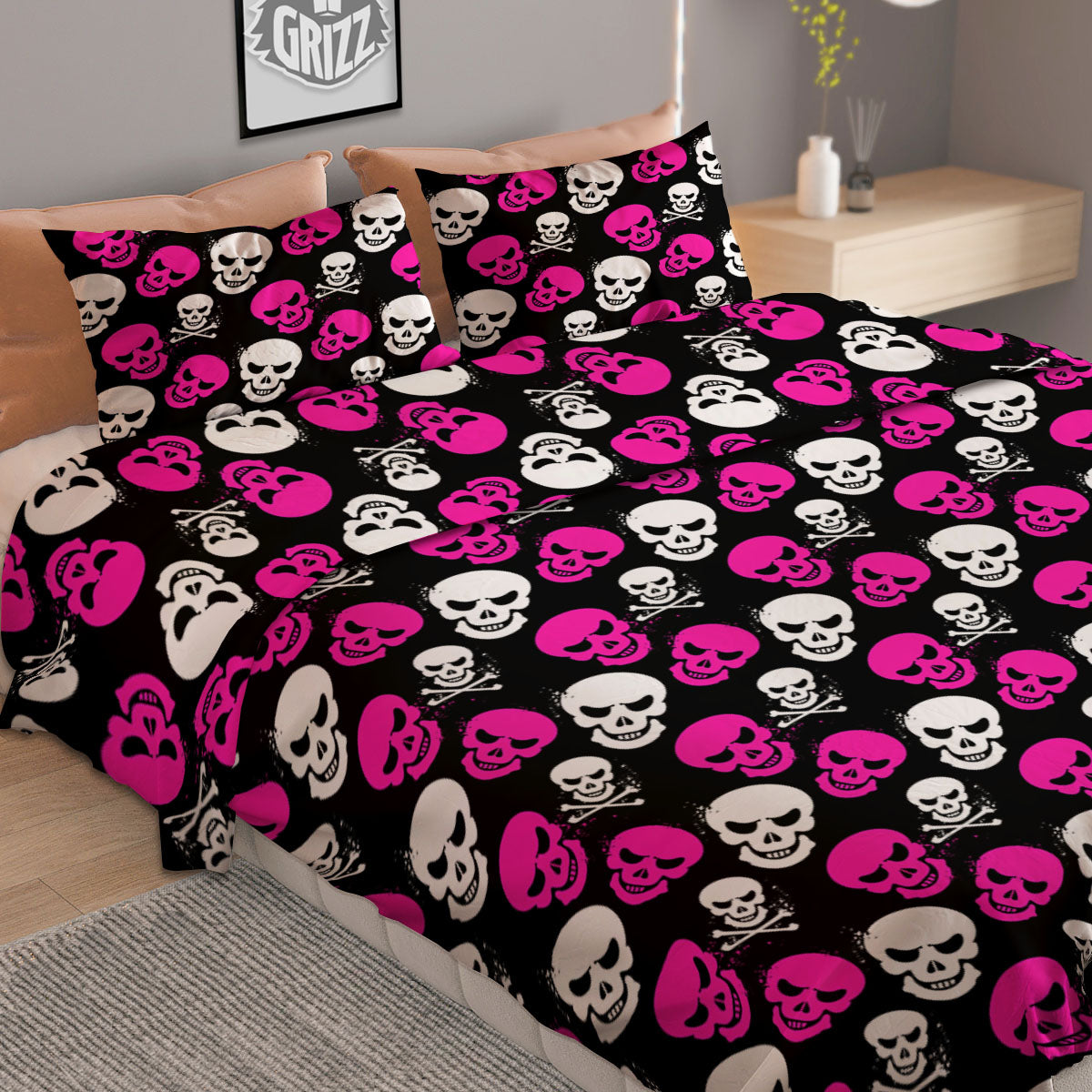 Skull Girly Emo Print Pattern Duvet Cover Bedding Set