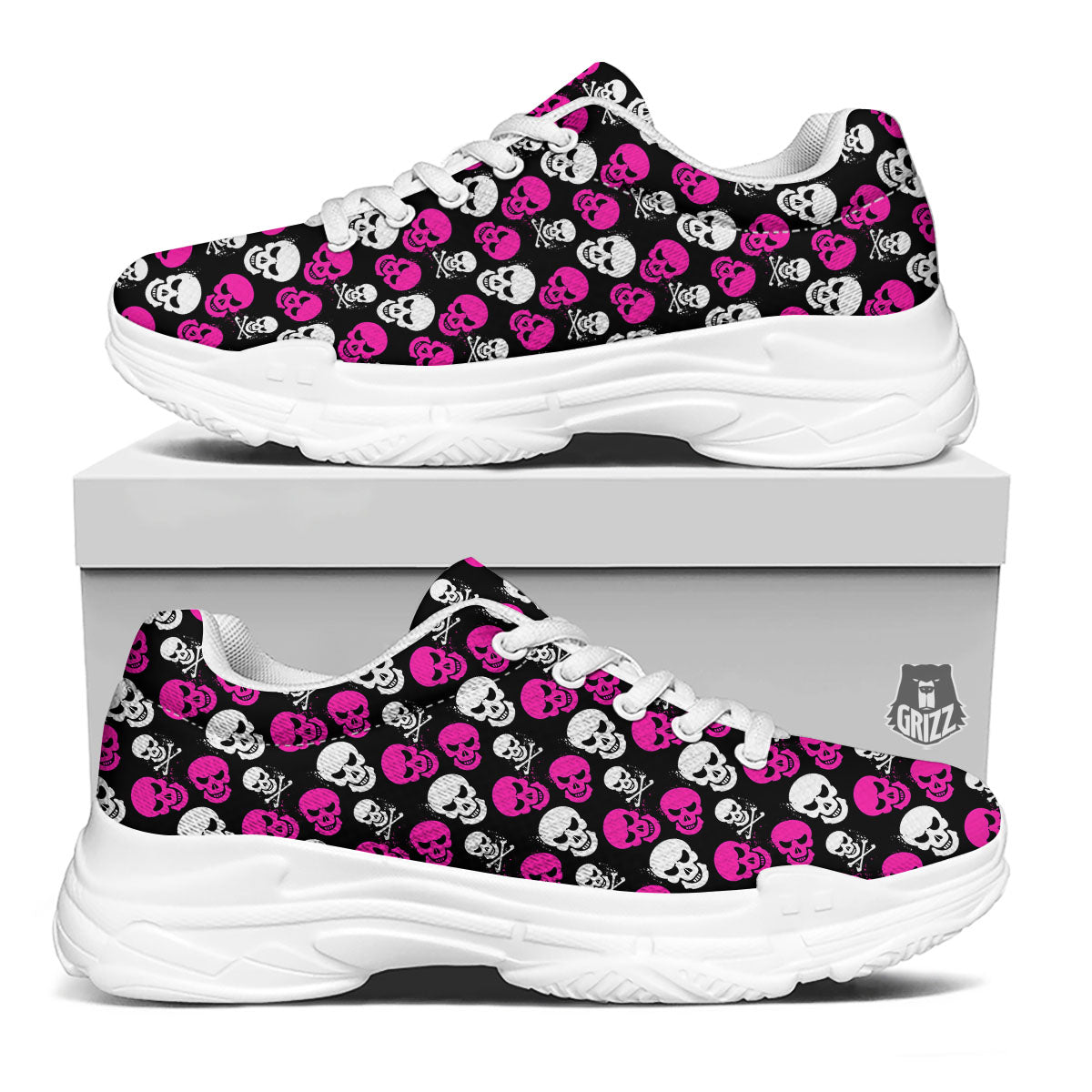 Skull Girly Emo Print Pattern White Chunky Shoes-grizzshop