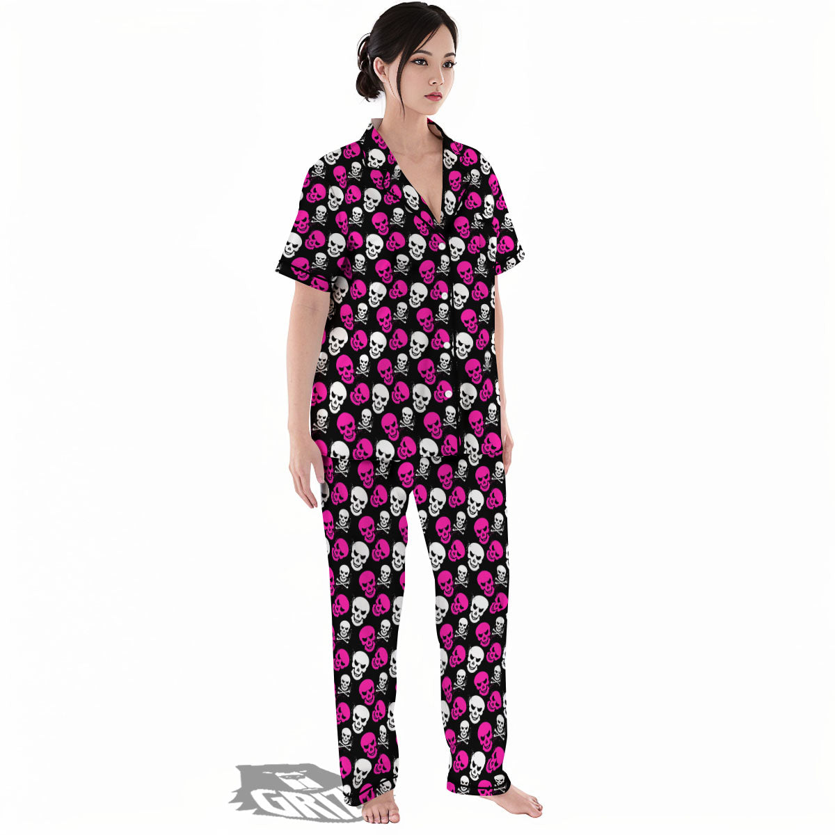Skull Girly Emo Print Pattern Women's Pajamas Set-grizzshop