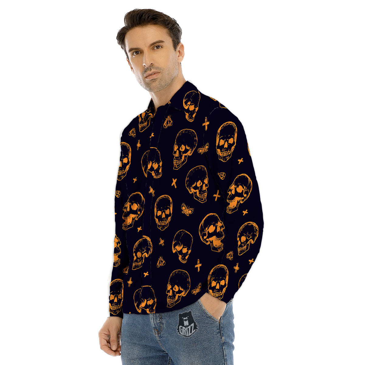 Skull Halloween Print Pattern Men's Dress Shirts-grizzshop