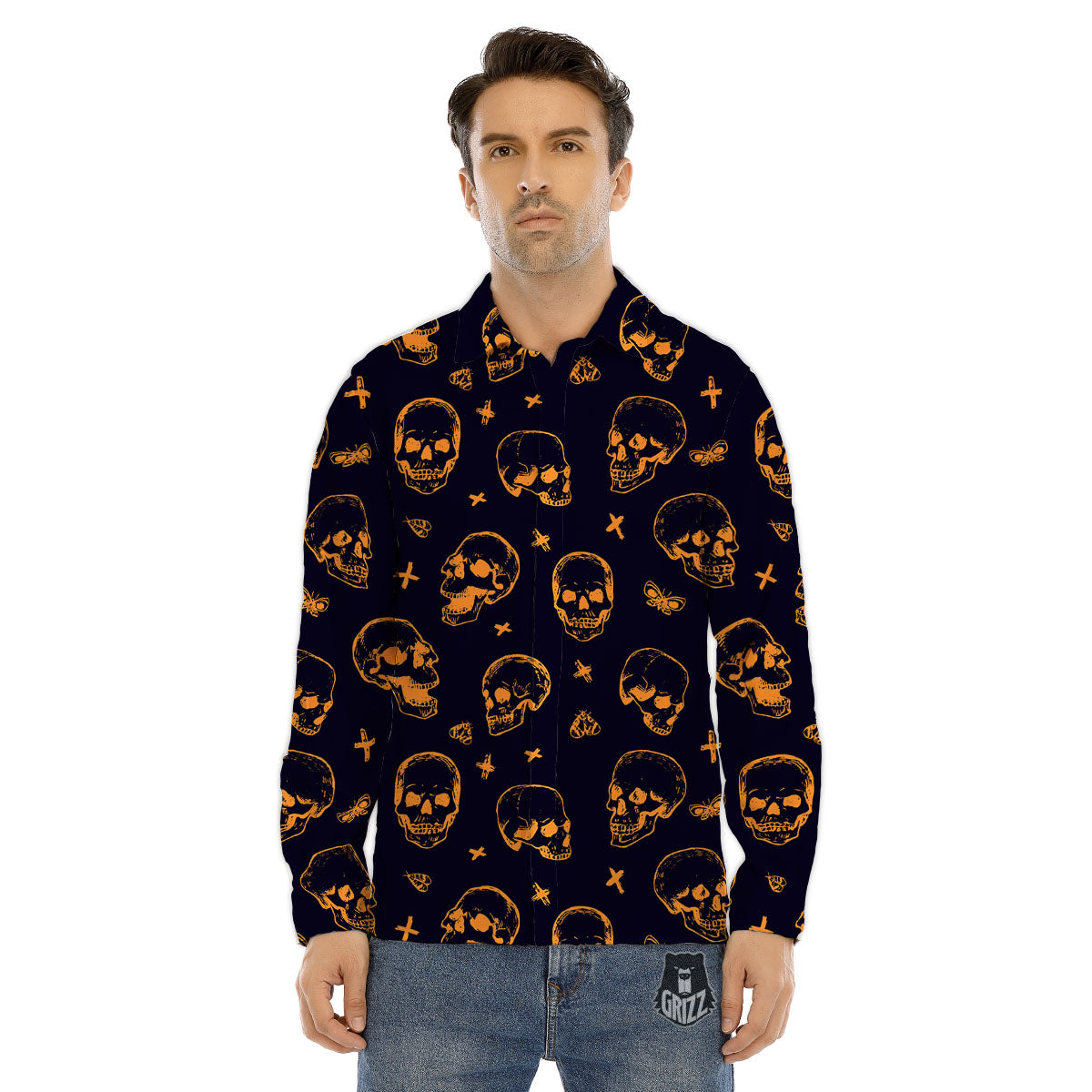 Skull Halloween Print Pattern Men's Dress Shirts-grizzshop