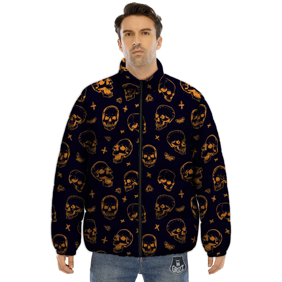 Skull Halloween Print Pattern Puffer Jacket-grizzshop