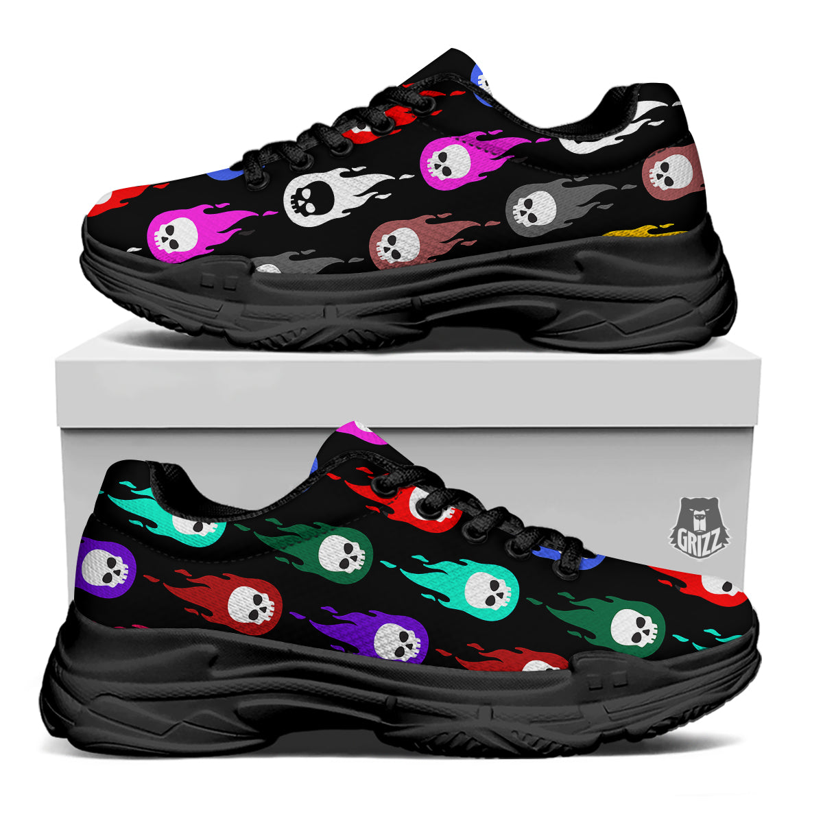 Skull Head Fire Colorful Print Pattern Black Chunky Shoes-grizzshop