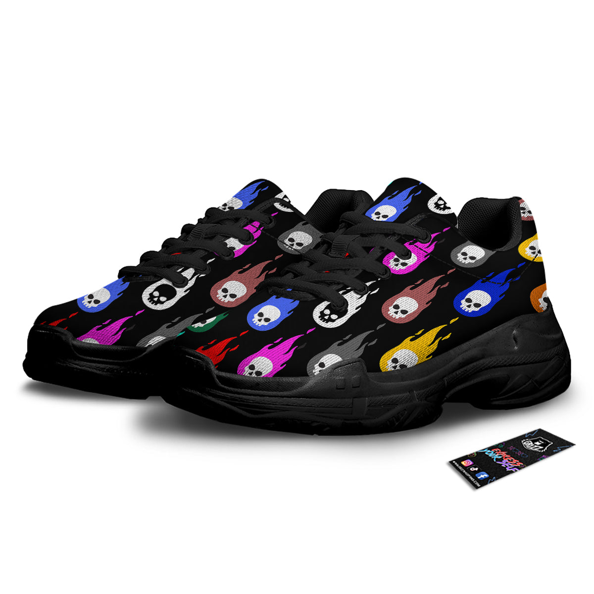 Skull Head Fire Colorful Print Pattern Black Chunky Shoes-grizzshop