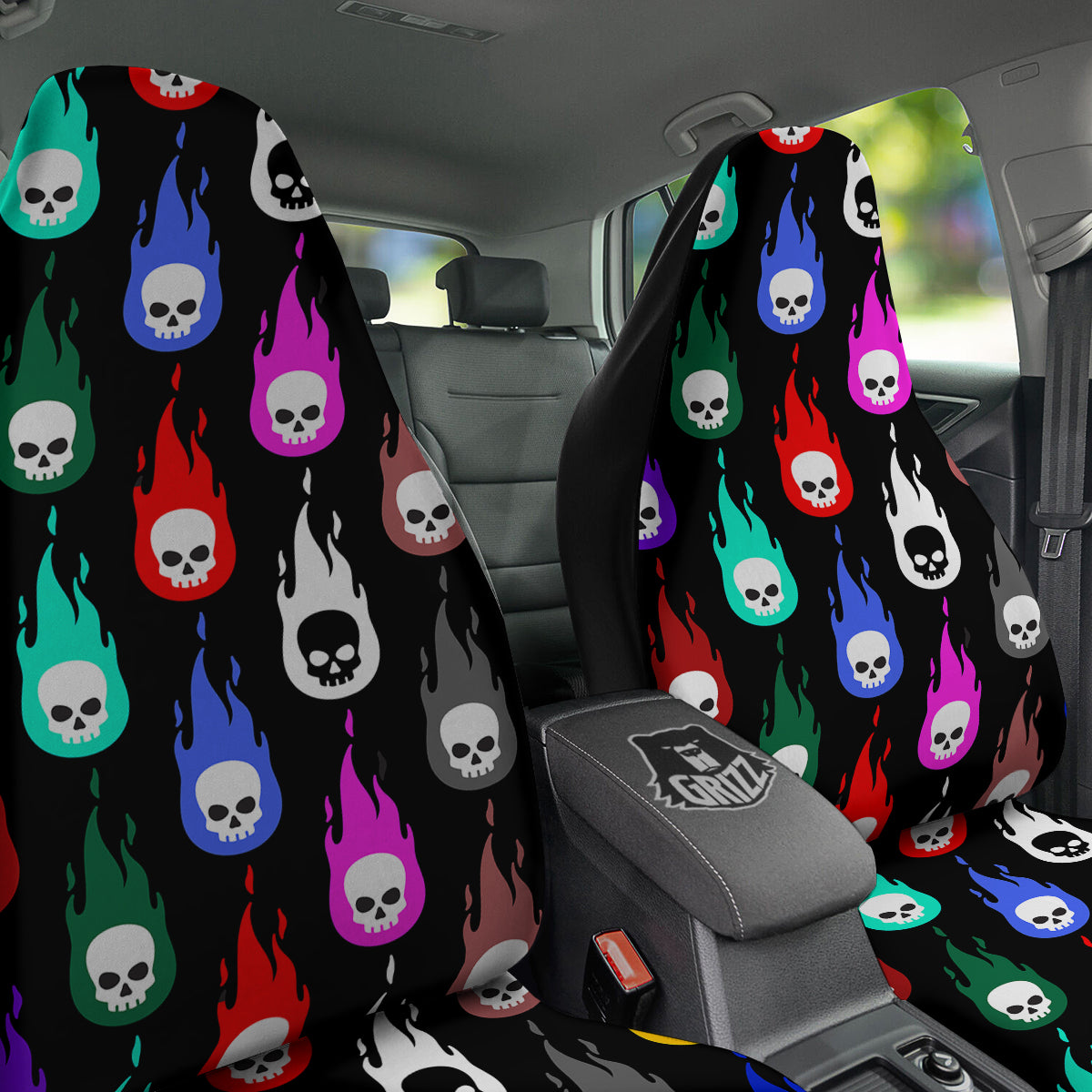 Skull Head Fire Colorful Print Pattern Car Seat Covers-grizzshop