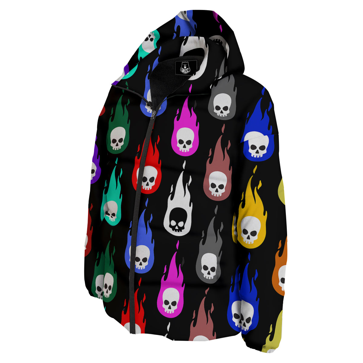 Skull Head Fire Colorful Print Pattern Down Jacket-grizzshop