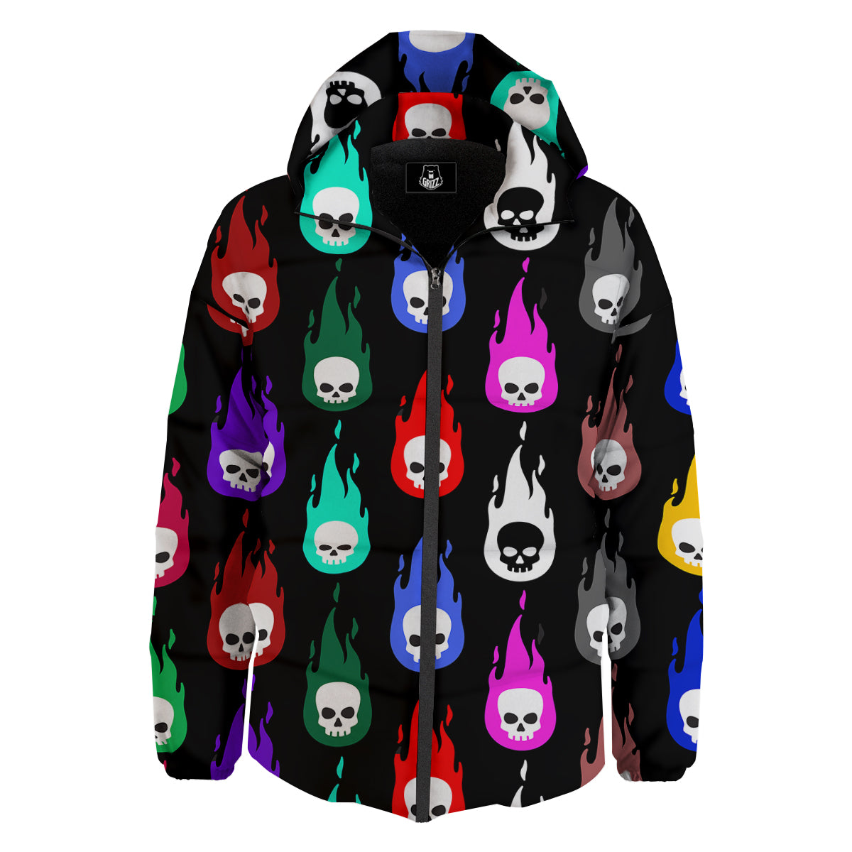 Skull Head Fire Colorful Print Pattern Down Jacket-grizzshop