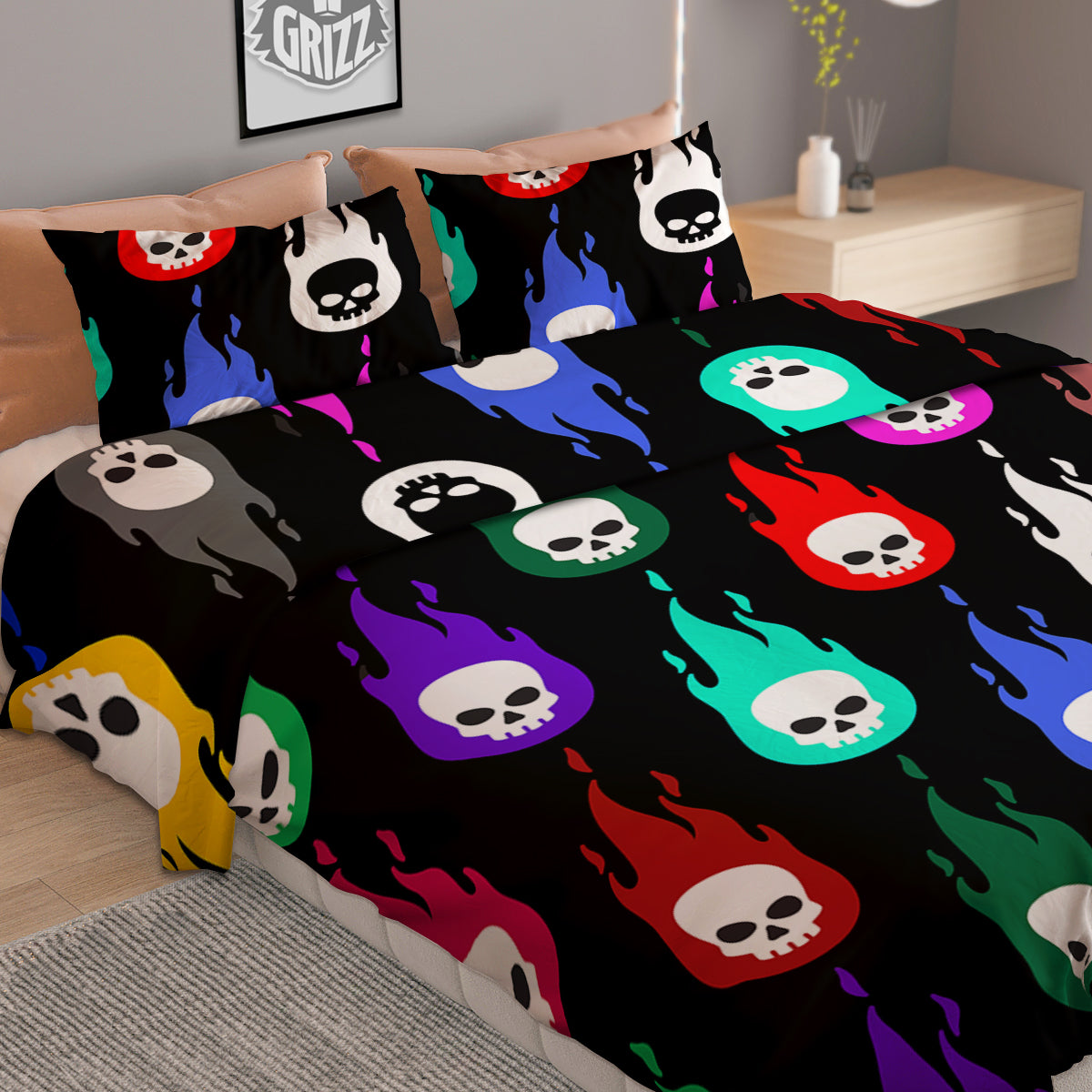 Skull Head Fire Colorful Print Pattern Duvet Cover Bedding Set