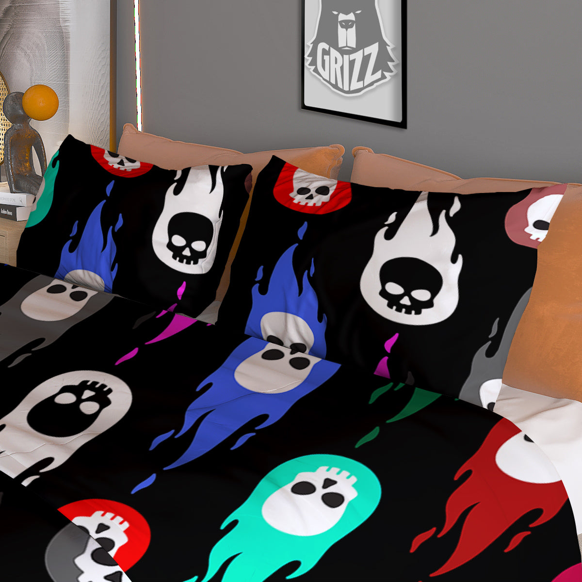 Skull Head Fire Colorful Print Pattern Duvet Cover Bedding Set