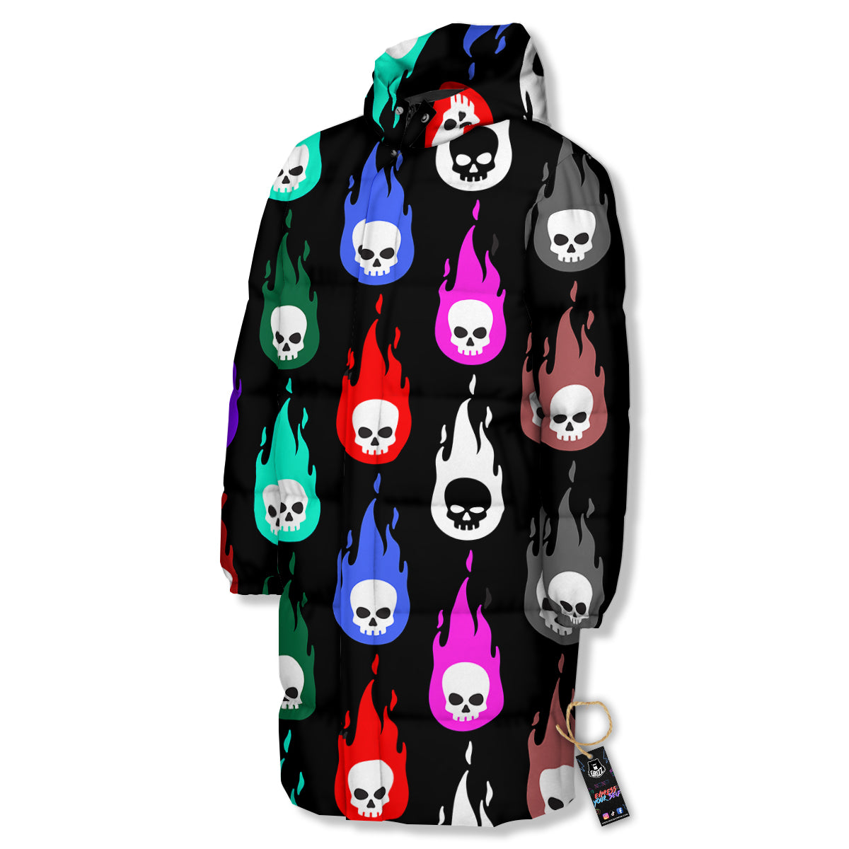 Skull Head Fire Colorful Print Pattern Long Down Jacket-grizzshop