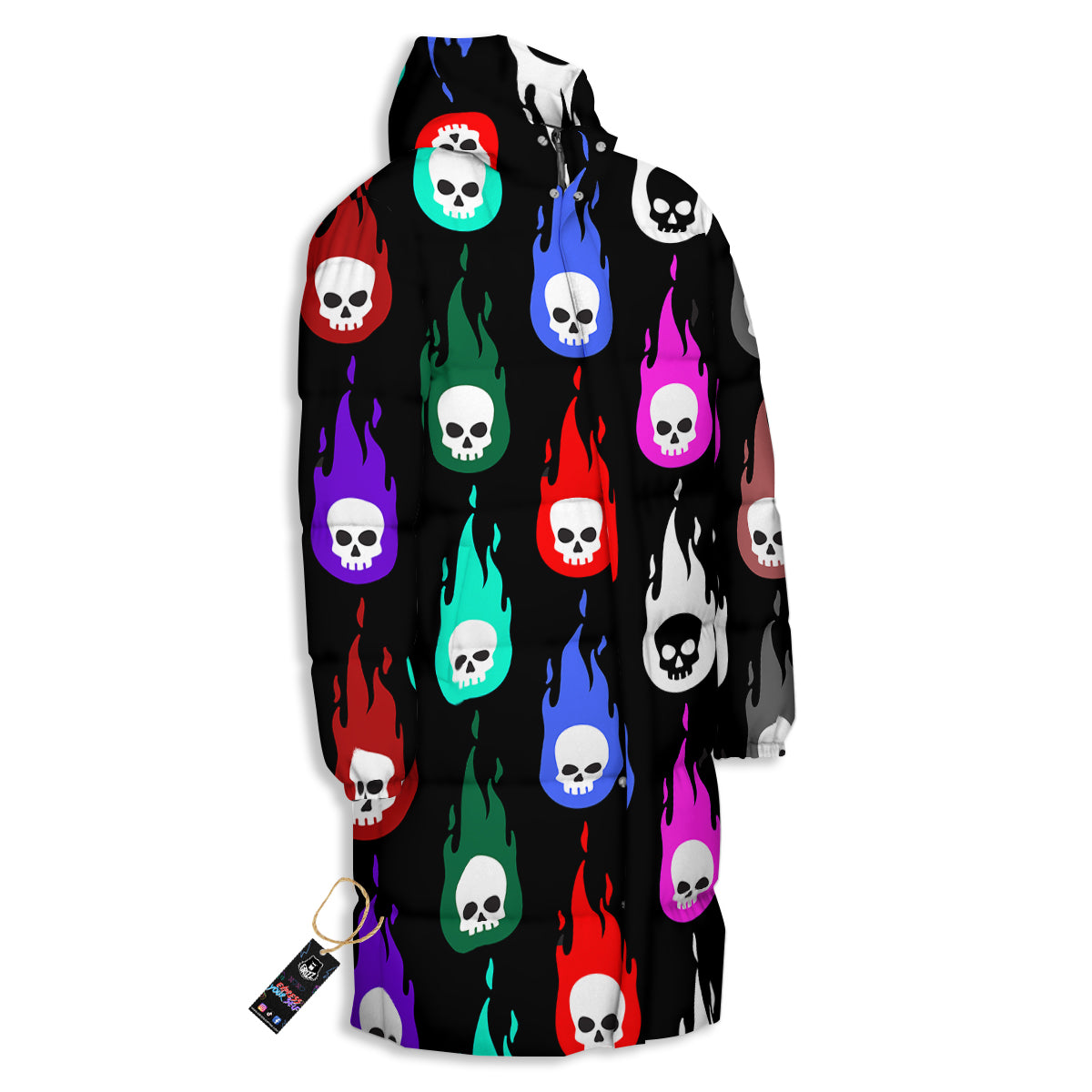 Skull Head Fire Colorful Print Pattern Long Down Jacket-grizzshop