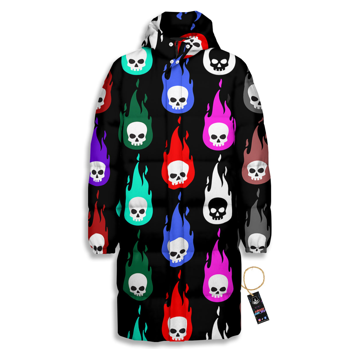 Skull Head Fire Colorful Print Pattern Long Down Jacket-grizzshop