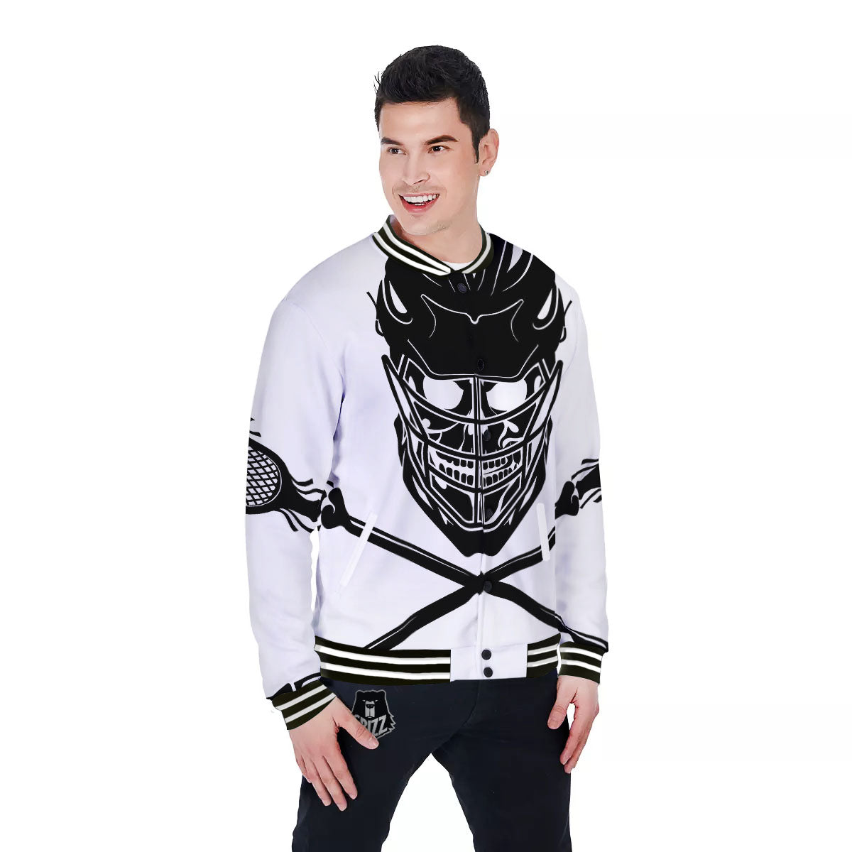 Skull Lacrosse Print Baseball Jacket-grizzshop