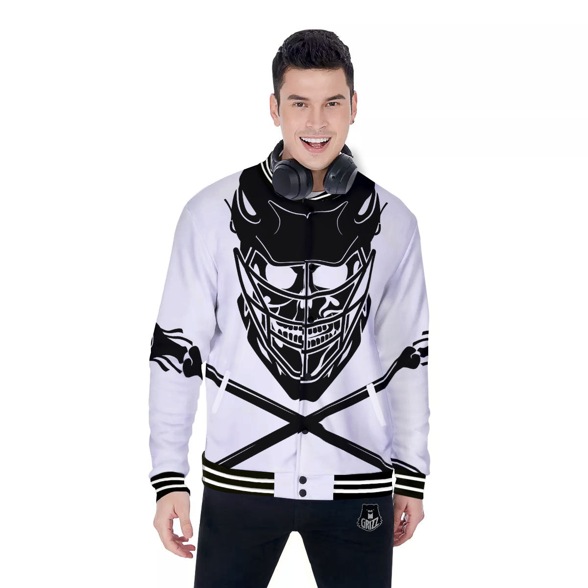 Skull Lacrosse Print Baseball Jacket-grizzshop