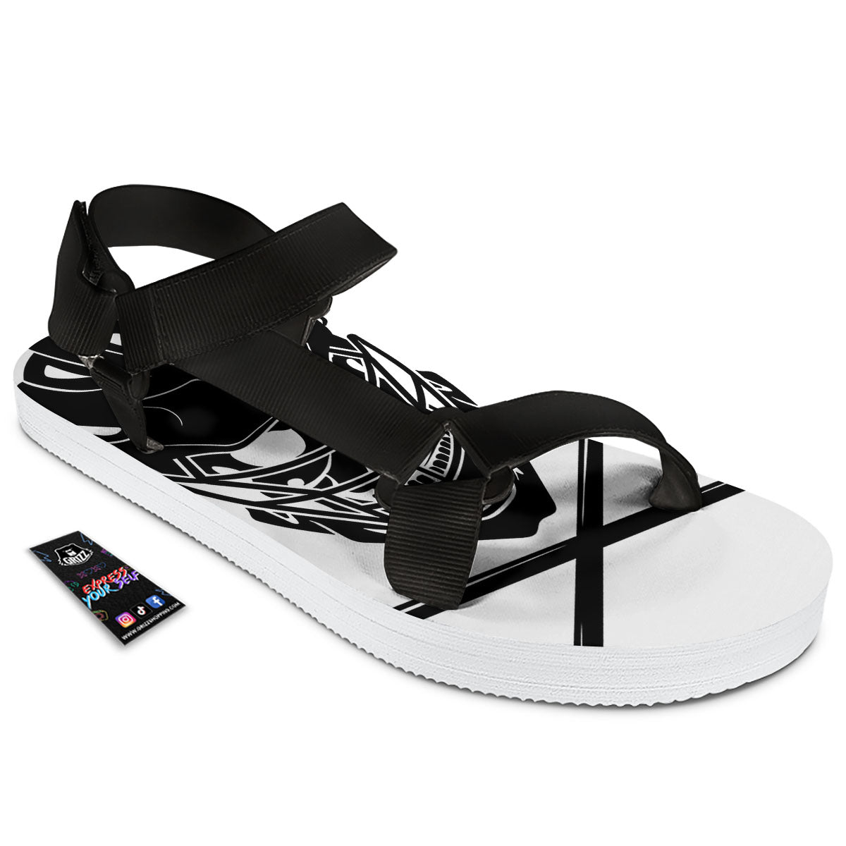 Skull Lacrosse Print Black Open Toe Sandals-grizzshop