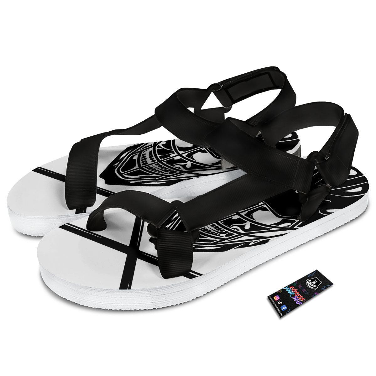 Skull Lacrosse Print Black Open Toe Sandals-grizzshop